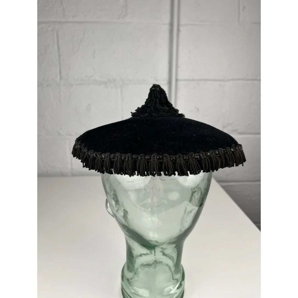 Black Velvet Cocktail Hat Headband Tassel Fringe Flechet France Vintage Evening